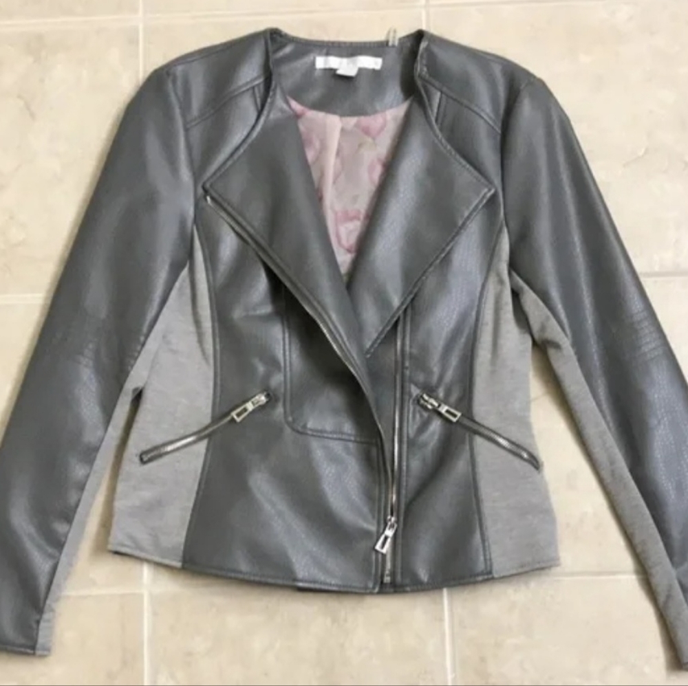 Via Spiga Women's M Faux Leather Gray/Light Gray Asymmetrical Zip Front Jacket